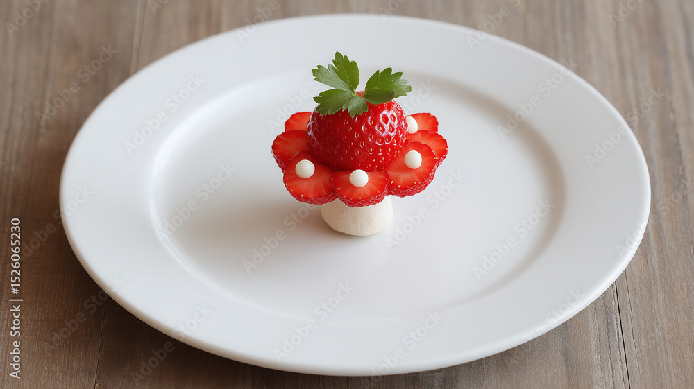 Strawberry and cream dessert art on white plate with fresh green leaf garnish Strawberry and cream dessert art on white plate with fresh green leaf garnish