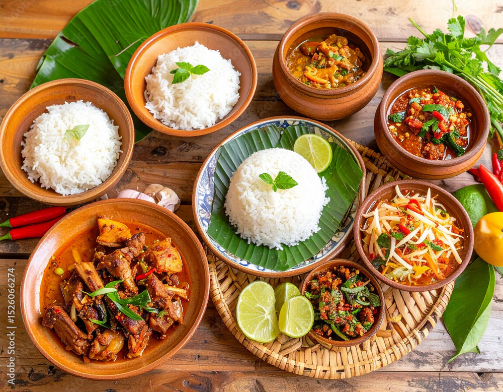 AI generated authentic northeastern Thai cuisine featuring spicy som tum papaya salad, larb meat salad, and pla ra chili dip with sticky rice, served in isan-style earthenware with fresh ingredients AI generated authentic northeastern Thai cuisine featuring spicy som tum papaya salad, larb meat salad, and pla ra chili dip with sticky rice, served in isan-style earthenware with fresh ingredients