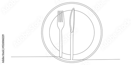 One Line Drawing of Fork and Knife on Plate - Minimalist Table Setting Illustration
