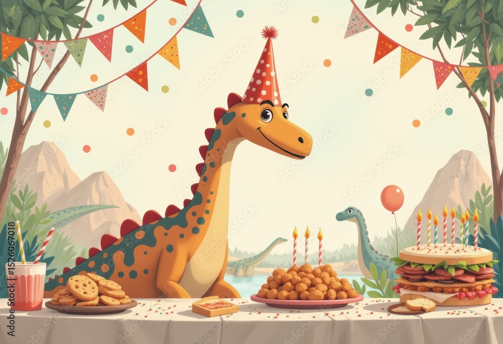 Obraz premium Cartoon dinosaurs celebrating at a vibrant dinosaur-themed party