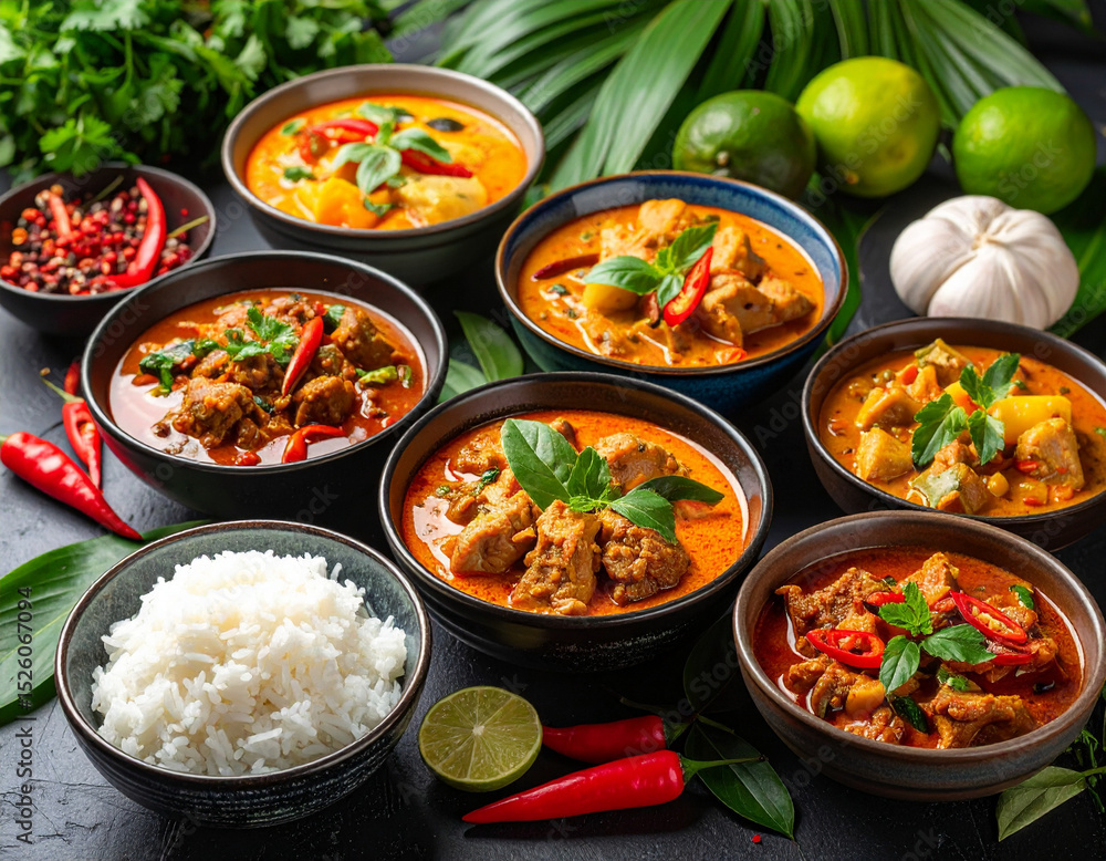 AI generated authentic eastern Thai cuisine featuring cha muang pork curry, jungle curry and spicy stir-fry served in traditional eastern-style bowls with fresh ingredients and cooking tools AI generated authentic eastern Thai cuisine featuring cha muang pork curry, jungle curry and spicy stir-fry served in traditional eastern-style bowls with fresh ingredients and cooking tools