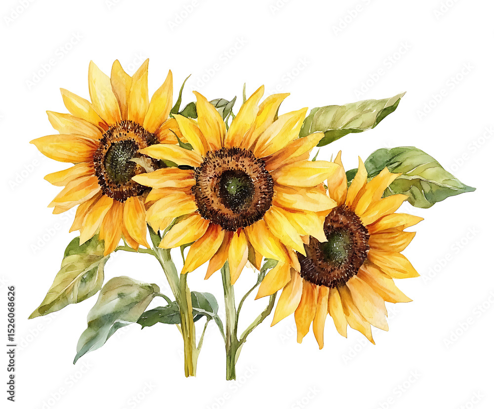 Naklejka premium Watercolor sunflowers bouquet isolated on transparent background