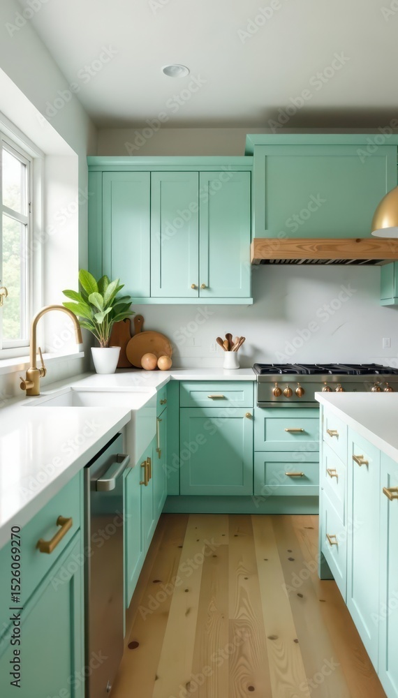 Fototapeta premium Soft mint kitchen, white marble & oak, brass details, brass accents, stylish, contemporary