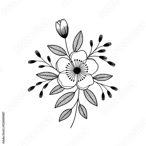 Black floral illustration with intricate petals and leaves