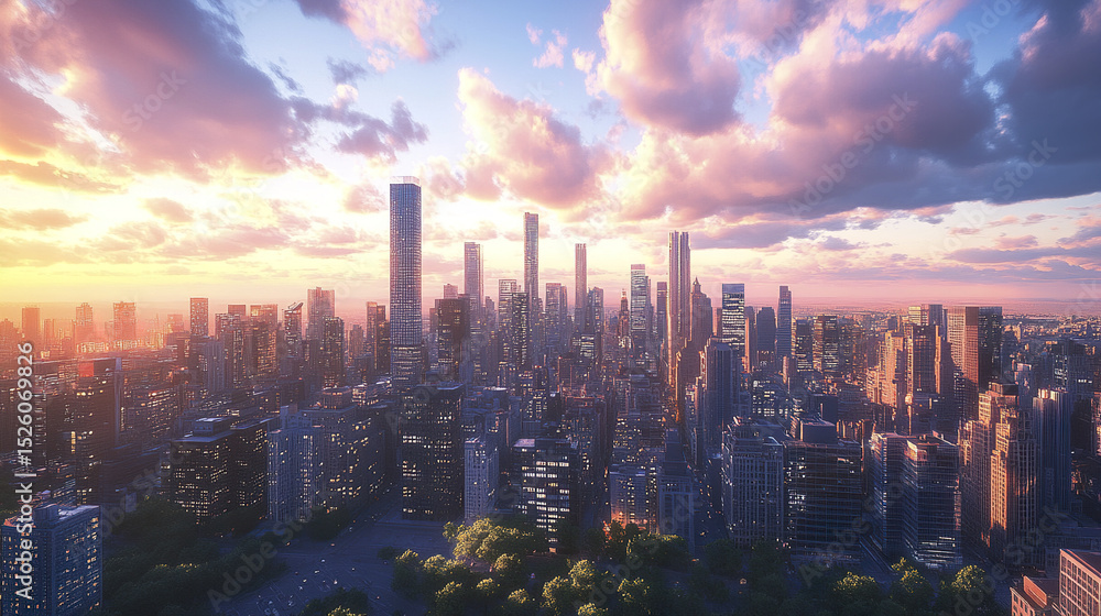 Fototapeta premium stunning urban skyline at sunset, showcasing tall buildings and vibrant colors