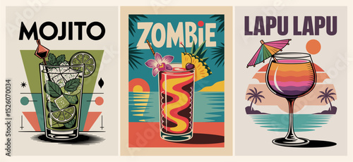 Set of exotic summer cocktail posters in retro Mid Century modern style. Mojito, Lapu Lapu, Zombie tropical alcohol drinks for bar decor, mixology, party and kitchen wall art