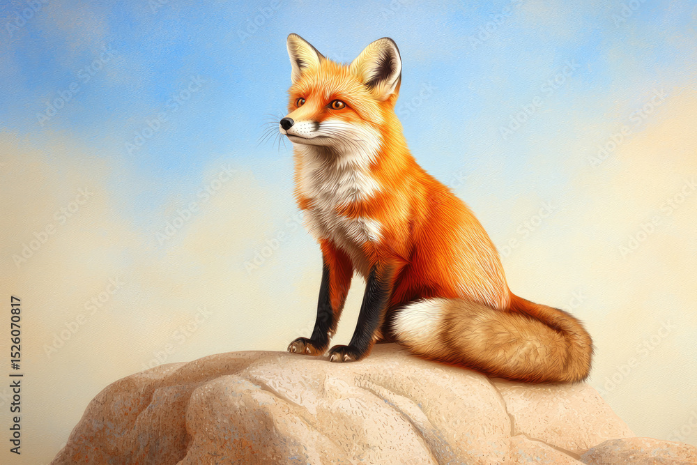 Obraz premium Active red fox gazing from rocky outcrop natural habitat wildlife photography serene environment close-up viewpoint majestic animal concept