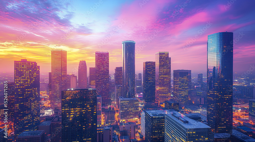 Obraz premium stunning skyline of Houston at sunset, showcasing vibrant colors in evening sky