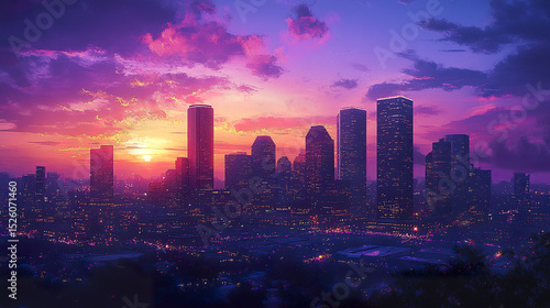 Wallpaper Mural stunning sunset over vibrant city skyline, showcasing colorful clouds and illuminated buildings Torontodigital.ca