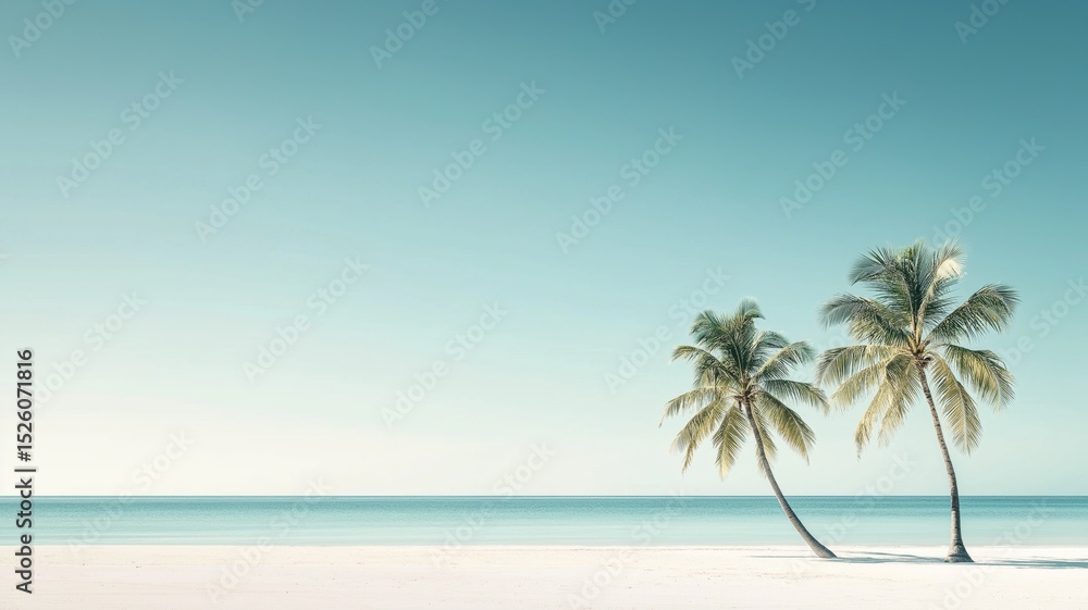 Fototapeta premium Tropical beach with palm trees under clear blue sky during sunset overlooking tranquil ocean waves