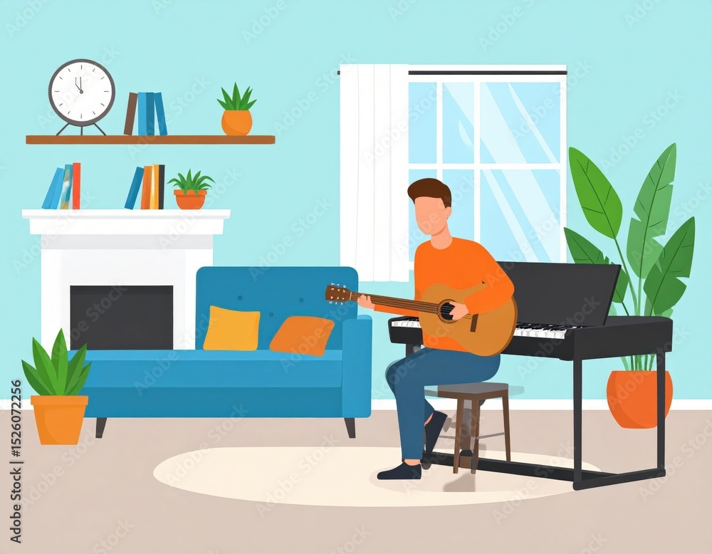 Fototapeta premium Man Playing Guitar And Piano In Cozy Living Room