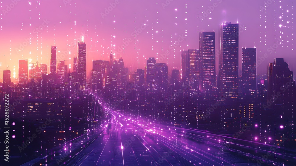 Obraz premium Futuristic cityscape with digital streams and a vibrant purple gradient effect