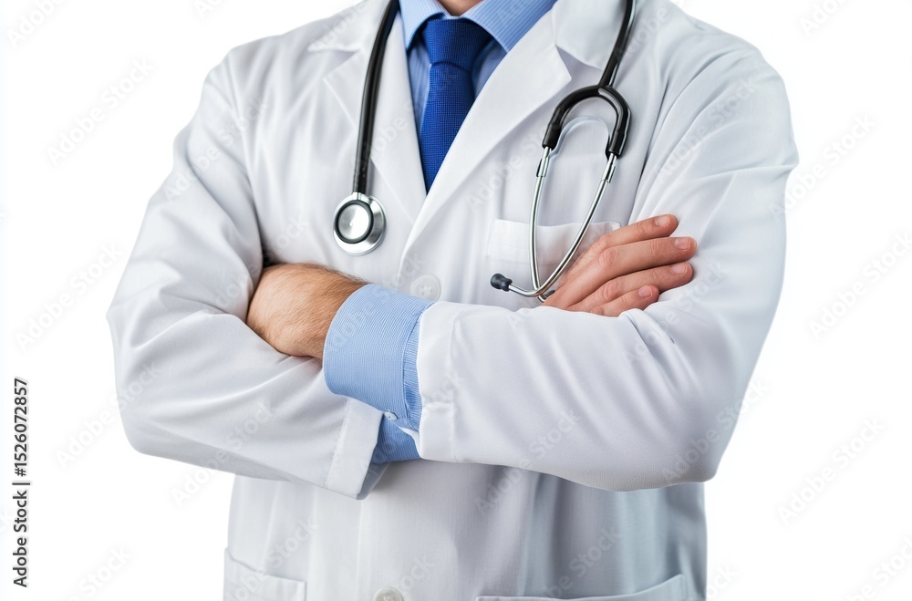Male doctor in a lab coat, arms crossed, white minimal background, Male doctor in a lab coat, arms crossed, white minimal background,