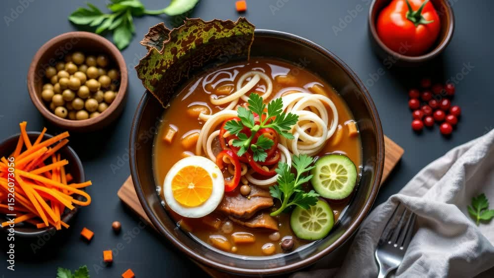 A bowl of noodle soup garnished with boiled egg, fresh herbs, cucumber, and vegetables, surrounded by small side dishes. A bowl of noodle soup garnished with boiled egg, fresh herbs, cucumber, and vegetables, surrounded by small side dishes.