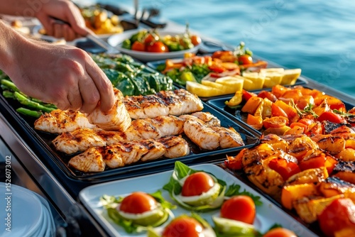 Fototapeta Naklejka Na Ścianę i Meble -  Chef arranging grilled fish and vegetables for delicious buffet on a yacht