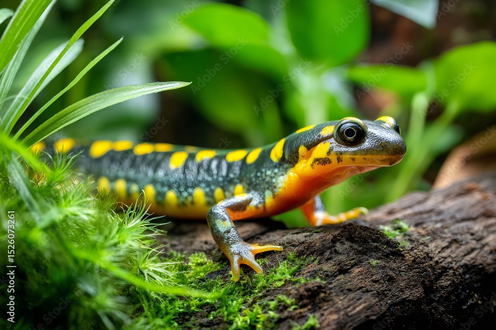 Obraz premium Fire salamander exploring lush green habitat
