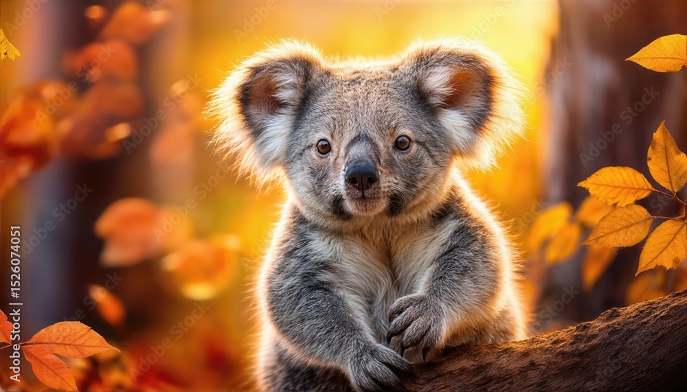 Obraz premium Cute Koala in Autumn Glow A Snuggly Marsupial Amidst Vibrant Fall Foliage, Basking in Warm Sunlight under a Clear Sky