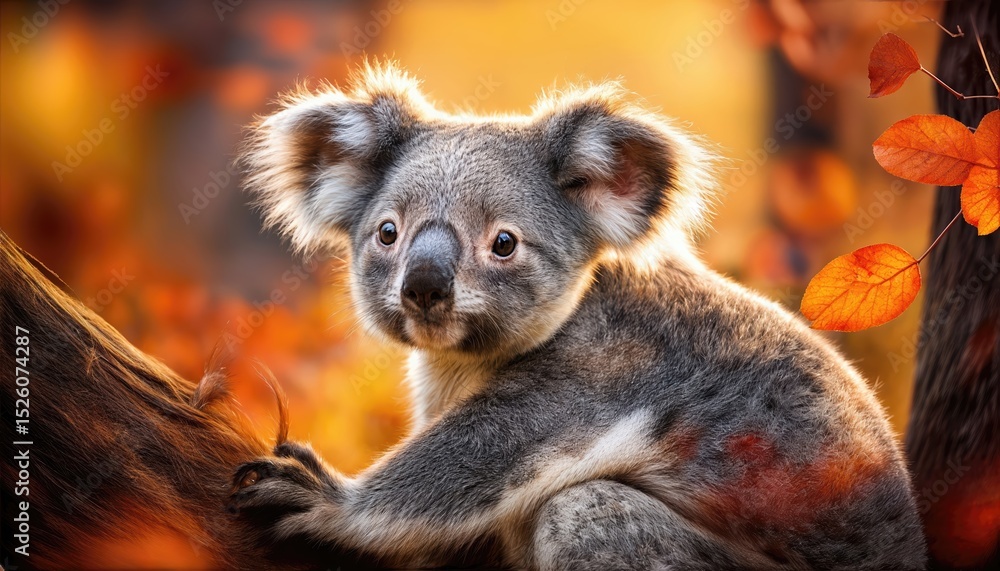 Fototapeta premium Adorable Koala Frolicking amidst Vibrant Fall Foliage, Capturing the Essence of Cozy Autumnal Serenity.