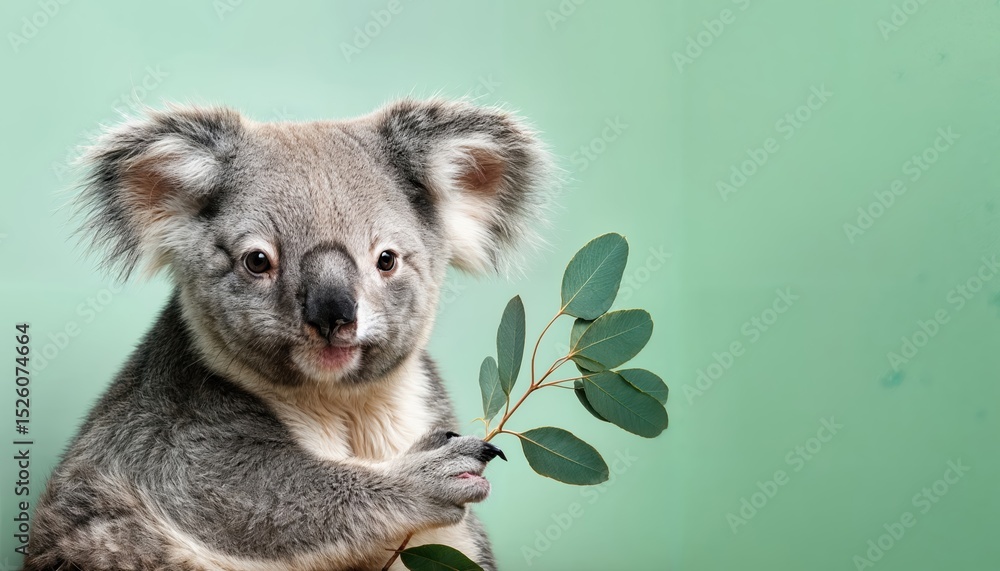 Obraz premium Adorable Koala Embracing Eucalyptus against a Tranquil Light Pastel Green Backdrop A Playful and Peaceful Scene Full of Gentle Warmth and Serenity.