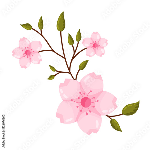 A charming illustration of delicate pink cherry blossoms or sakura flowers with a graceful brown branch fresh green leaves and unopened buds. This beautiful floral artwork captures spring essence. Ide