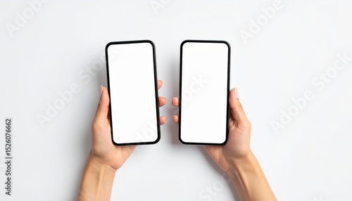 Two Smartphones Held In Hands With Blank Screens On White Background