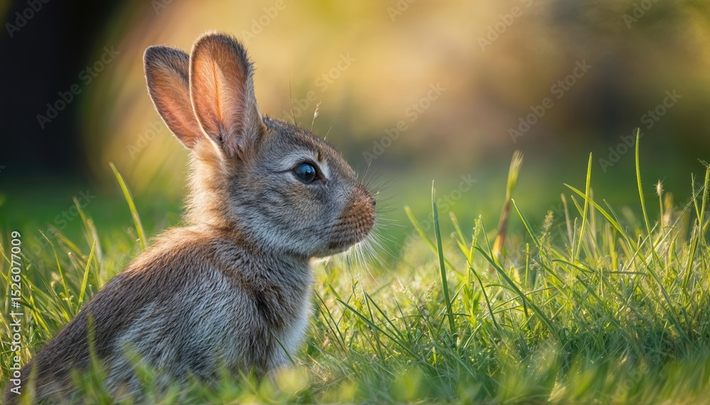 Fototapeta premium Adorable Bunny in lush Grassland, Ears Perked Curiously amidst a Blaze of Springtime Greenery, Illuminating Joy and Serenity in Natures Palette.