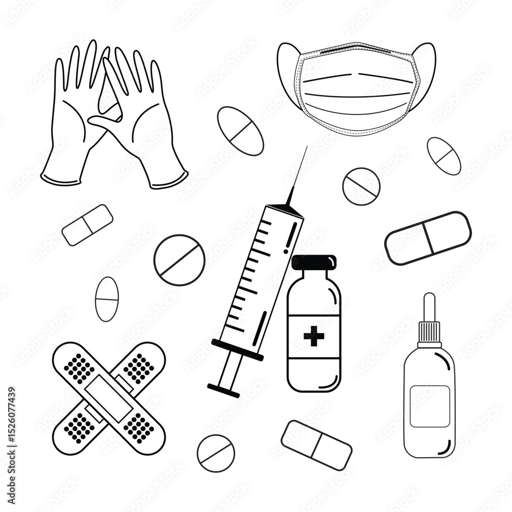 Fototapeta premium Medical Line Icons: Syringe, Pills, Mask, Gloves & First Aid