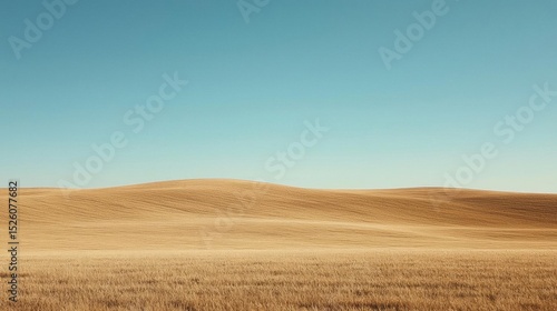 Landscape photograph of a vast open field with a clear blue sky in the background. the field is covered in a golden-brown color, with the grass appearing to be dry and barren.