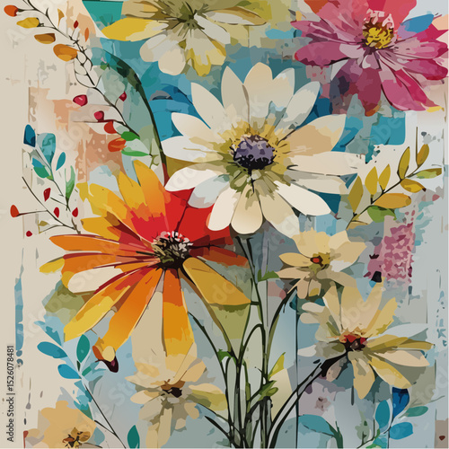 A vibrant vector collection of abstract floral arrangements, blending wildflowers and garden blooms in rich, expressive colors against textured, artistic backdrops.