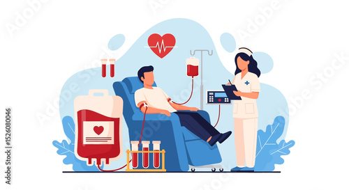 World Blood Donor Day flat vector illustration featuring a man donating blood, surrounded by symbolic hearts, blood drops, and test tubes