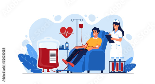 World Blood Donor Day flat vector illustration featuring a man donating blood, surrounded by symbolic hearts, blood drops, and test tubes