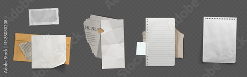 Set of various torn paper scraps and ripped note snippets. Old crumpled sheets with ragged edges from spiral bound notebook, graph papers. Realistic vector for collage, scrapbooking, memo design.
