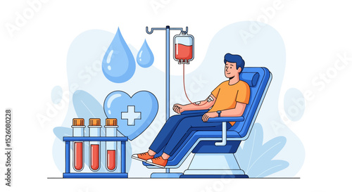 World Blood Donor Day flat vector illustration featuring a man donating blood, surrounded by symbolic hearts, blood drops, and test tubes. its life-saving impact on global health initiatives