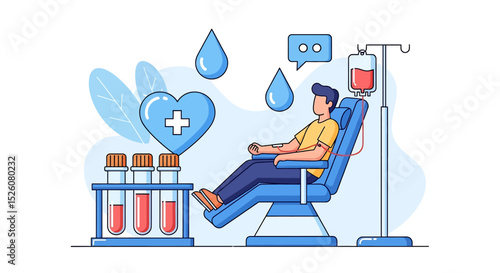 World Blood Donor Day flat vector illustration featuring a man donating blood, surrounded by symbolic hearts, blood drops, and test tubes. its life-saving impact on global health initiatives