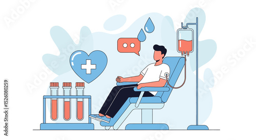 World Blood Donor Day flat vector illustration featuring a man donating blood, surrounded by symbolic hearts, blood drops, and test tubes. its life-saving impact on global health initiatives