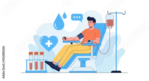 World Blood Donor Day flat vector illustration featuring a man donating blood, surrounded by symbolic hearts, blood drops, and test tubes. its life-saving impact on global health initiatives