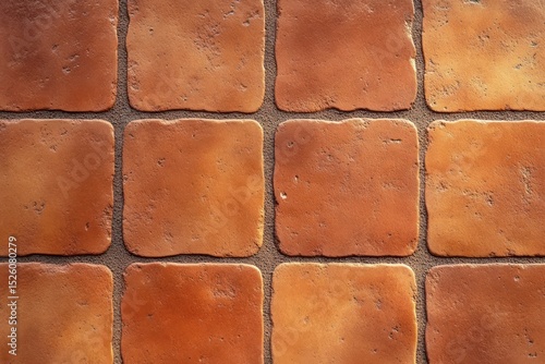 close-up view of weathered square terracotta tiles arranged in a grid pattern with visible texture and grout lines in natural earth tones