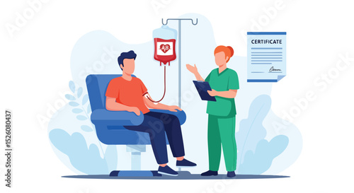 World Blood Donor Day flat vector illustration featuring a man donating blood, surrounded by symbolic hearts, blood drops, and test tubes. its life-saving impact on global health initiatives