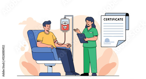 World Blood Donor Day flat vector illustration featuring a man donating blood, surrounded by symbolic hearts, blood drops, and test tubes. its life-saving impact on global health initiatives