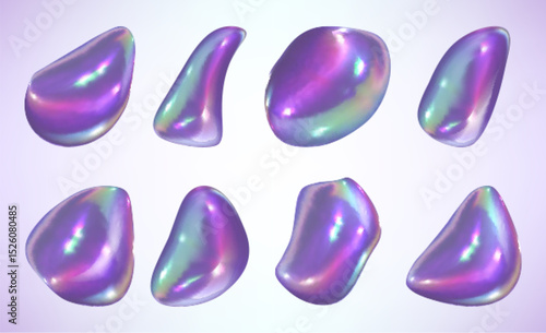 Holographic iridescent liquid abstract shapes isolated on light background. Colorful fluid gradient blobs with glossy metallic shine. Futuristic design elements. Vibrant 3d shimmering paint drops.