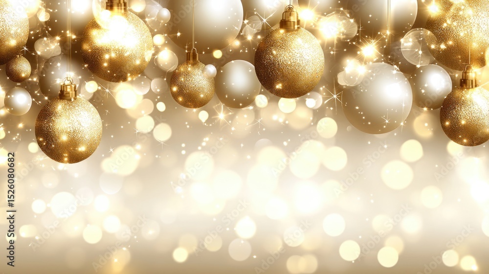 Golden holiday ornaments sparkling against a festive bokeh background. Merry Christmas, Nativity, Xmas, Noel, Navidad - Global Winter Holiday, Christian Religious Celebration. Happy New Year Golden holiday ornaments sparkling against a festive bokeh background. Merry Christmas, Nativity, Xmas, Noel, Navidad - Global Winter Holiday, Christian Religious Celebration. Happy New Year