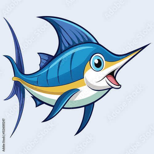 Underwater marine life illustration featuring a swimming cartoon fish alongside a blue shark and playful dolphins, perfect for a vibrant ocean vector art