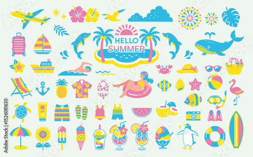 Summer Vacation and Beach Icon Set.Tropical Travel Illustration 