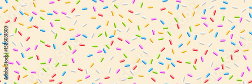 Donut background with colorful candy sprinkles. Sweet topping for candy or ice cream. Fun and playful dessert design. Summer, birthday, children concept. Seamless vector illustration.