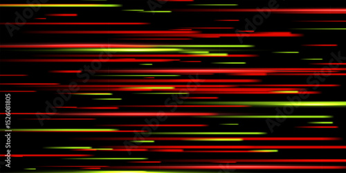 Speed light background. Color neon spark rays on black. Futuristic shiny pattern with bright red and green flares on dark. Modern technology vector illustration.