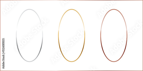 Gold, silver and bronze oval frames. Vertical thin metal ellipse photo or picture frames isolated on transparent background. Simple object mockup. 3d abstract empty template vector illustration set.