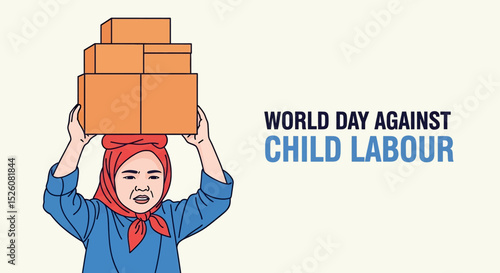flat vector illustration for World Day Against Child Labour (June 12) : a child struggles to carry bricks, symbolizing exploitation and lost childhood. Raise awareness for child rights and protection