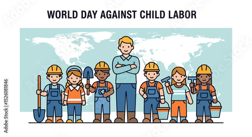 Flat vector illustration for World Day Against Child Labour: a diverse group of children as laborers stand alongside a supportive adult, symbolizing the global fight against child exploitation