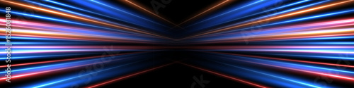 Blue and red light speed background. Abstract glowing light rays in red, blue, purple, and orange on black backdrop. Futuristic flashes in night. Car lights on road. Technology vector illustration.