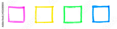 Hand-drawn square frames in color marker style. Colorful crayon borders with rough brush strokes isolated on white background. Sketchy frames for design, notes, social media. Vector illustration.
